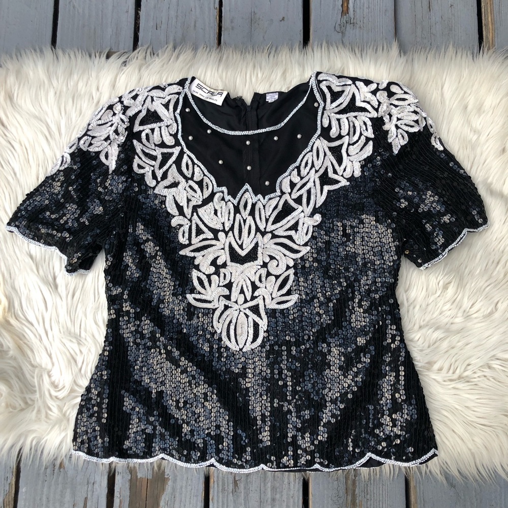 Vintage Scala Sequins Pearl Scalloped Glamorous Bling Holiday Silk Top Blouse L